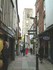 Norwich city centre with narrow lanes and cobbled streets