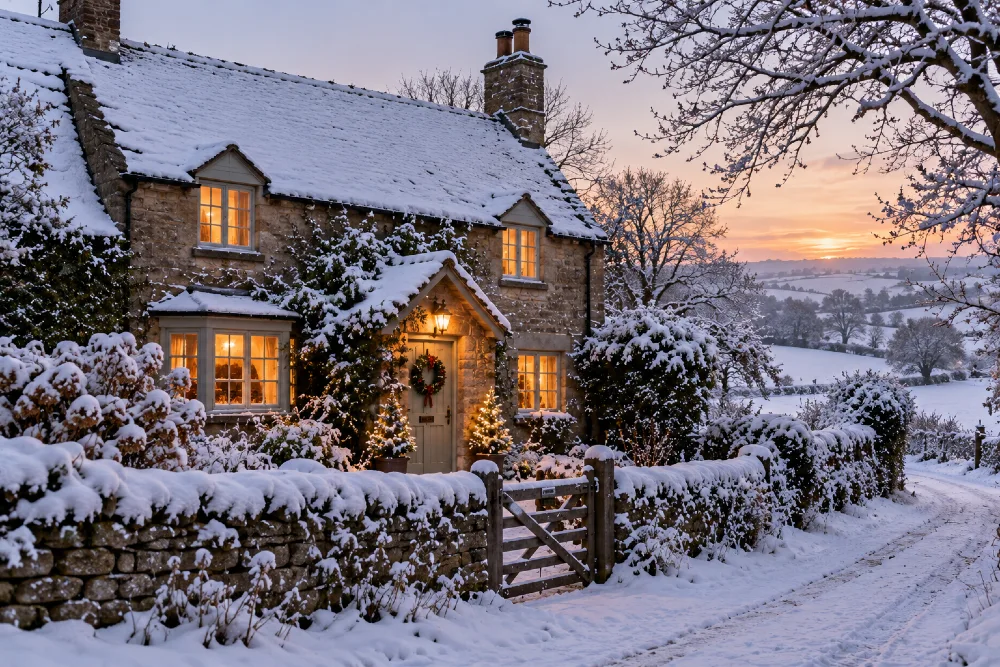 Country cottage in snow