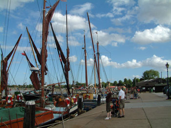 Maldon quayside with London barges and quayside pubs for sea food