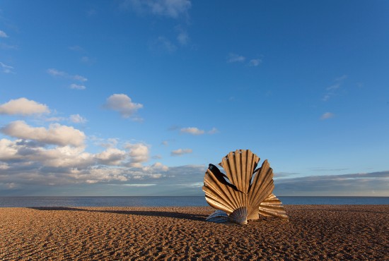 Aldeburgh beach with shell sculpture