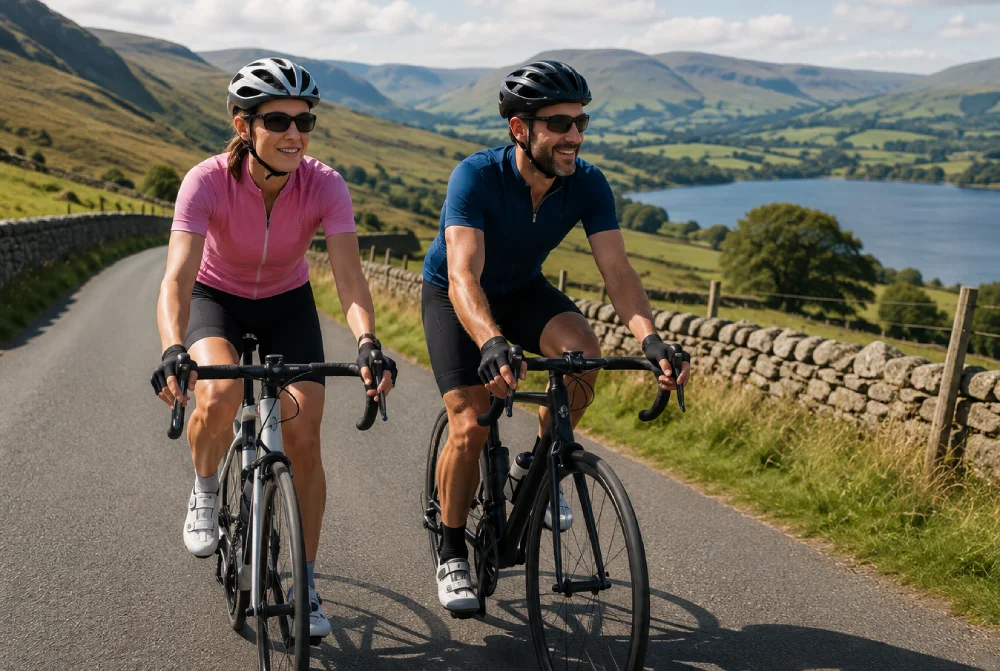 Couple wearing cycling gear