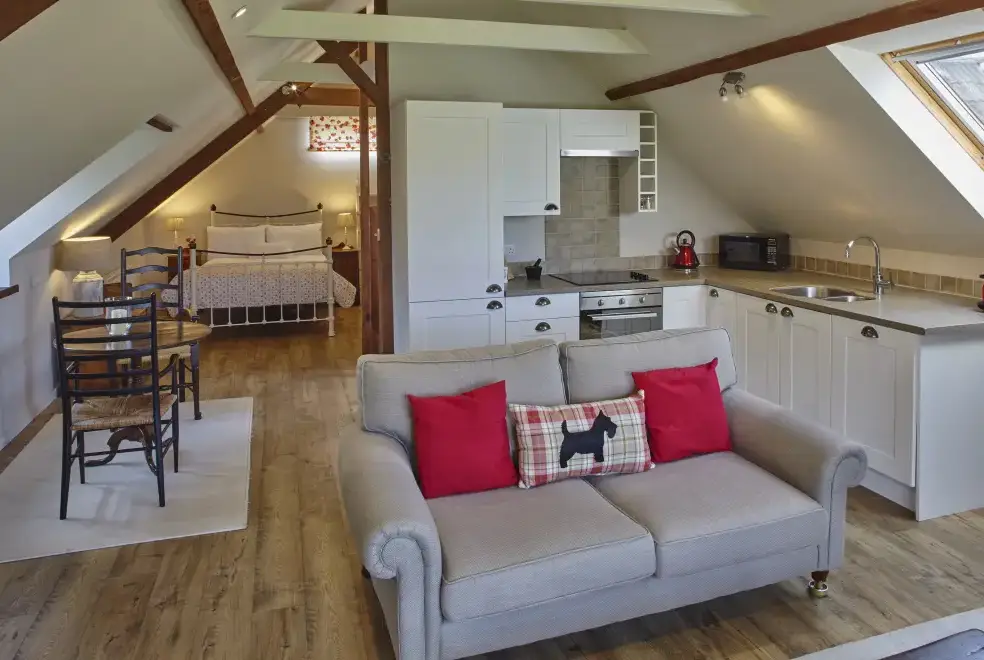 Open plan living area at Apple Loft at Twistgates Farm Cottages