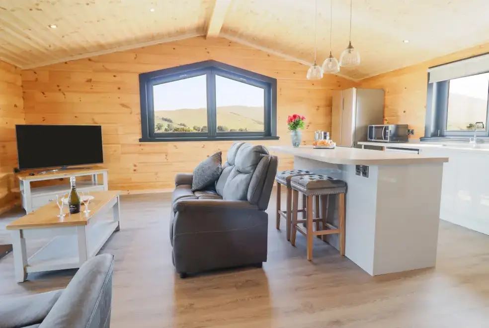 Open plan living area at Bacheiddon Log Cabin