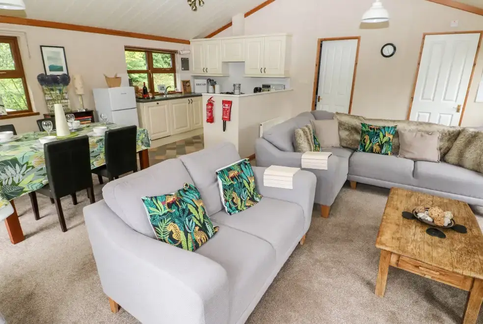 Open plan living area at Beeches Countryside Lodge, Wales