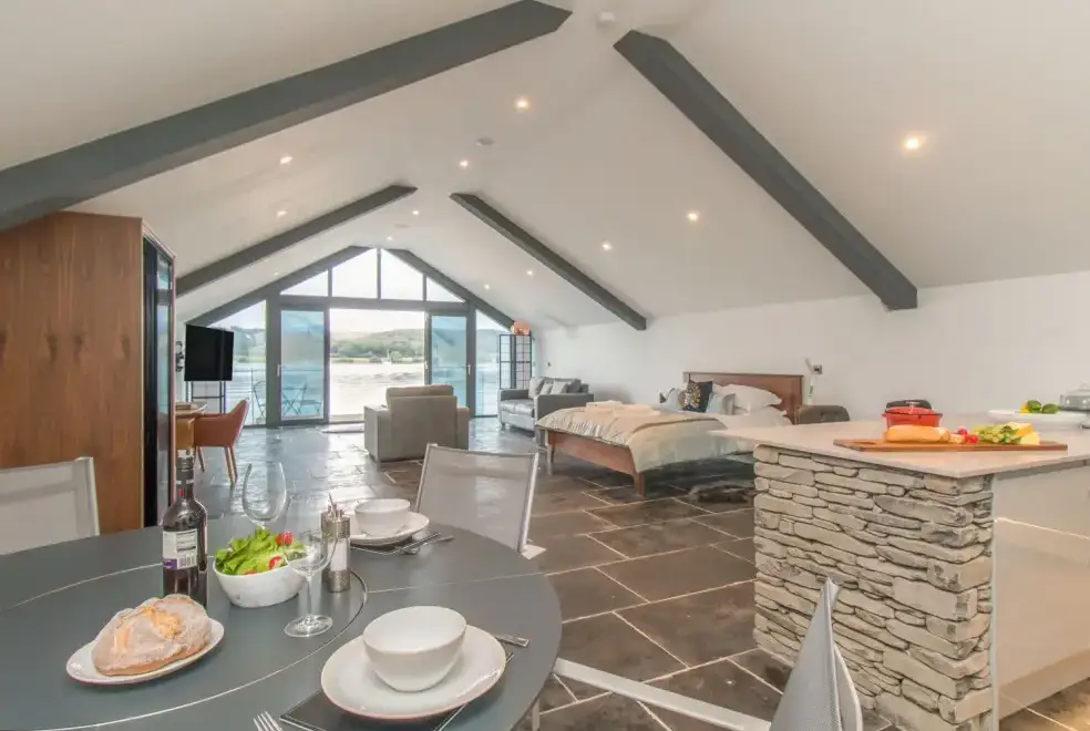Open plan living area at Boathouse on the Lake