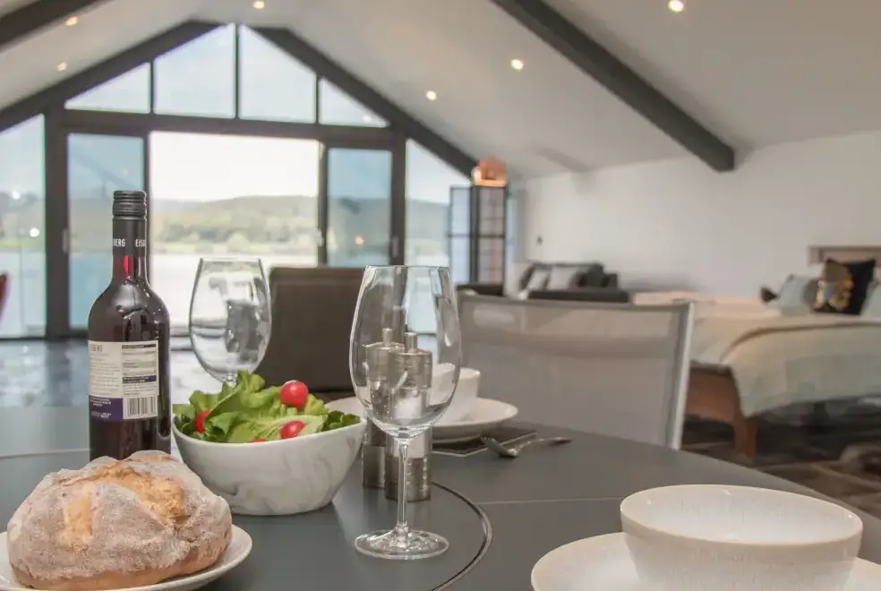 Open plan living area at Boathouse on the Lake