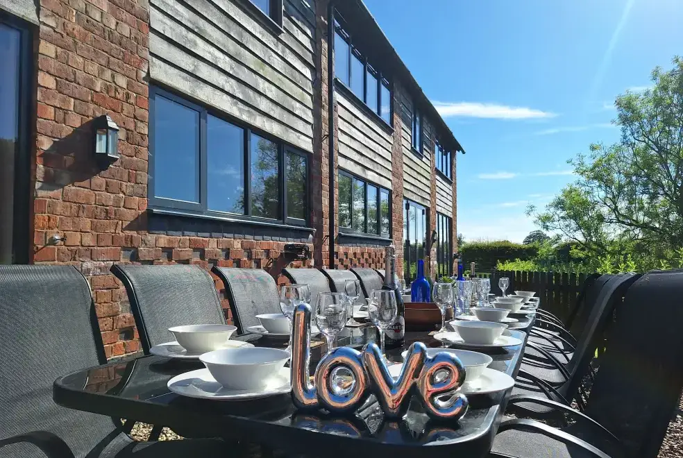 Patio area at Buttercups 5 Star Cottage with Indoor Pool, Sports Court & Toddler Play Area