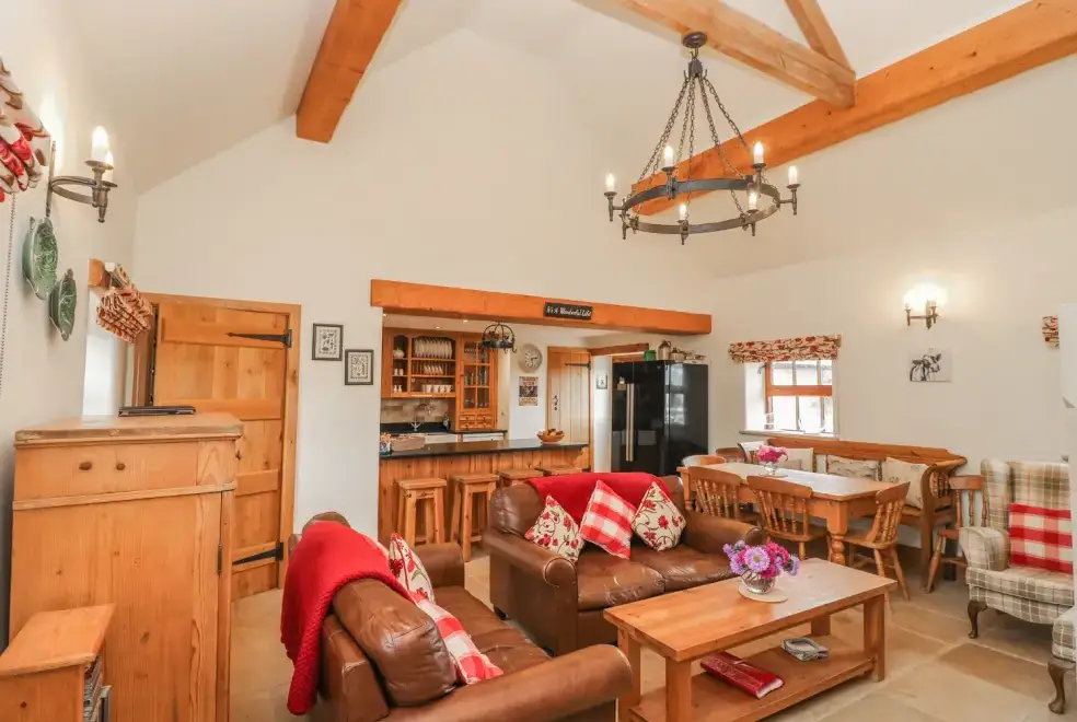 Open plan living area at Cow Barn, Peak District National Park