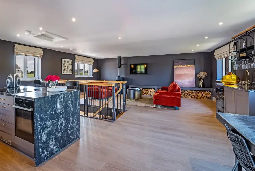 Open plan living area at Farmyard House