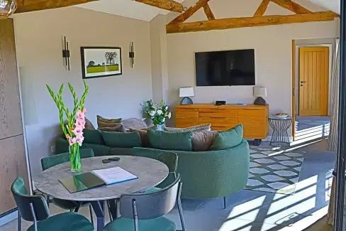 Open plan living area at Field Barn sleeps 2, with a private Steam Room and AirCon!, Herefordshire