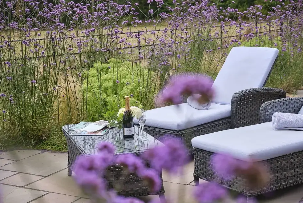 Patio area at Field Barn sleeps 2, with a private Steam Room and AirCon!