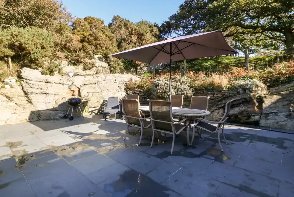 Patio area at Garth Morthin Holiday Barn, near Snowdonia National Park