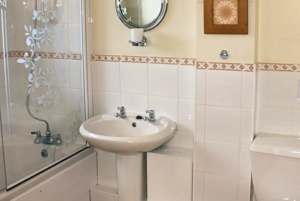 Shower room at Honeysuckle, dog friendly couples' cottage in South Devon