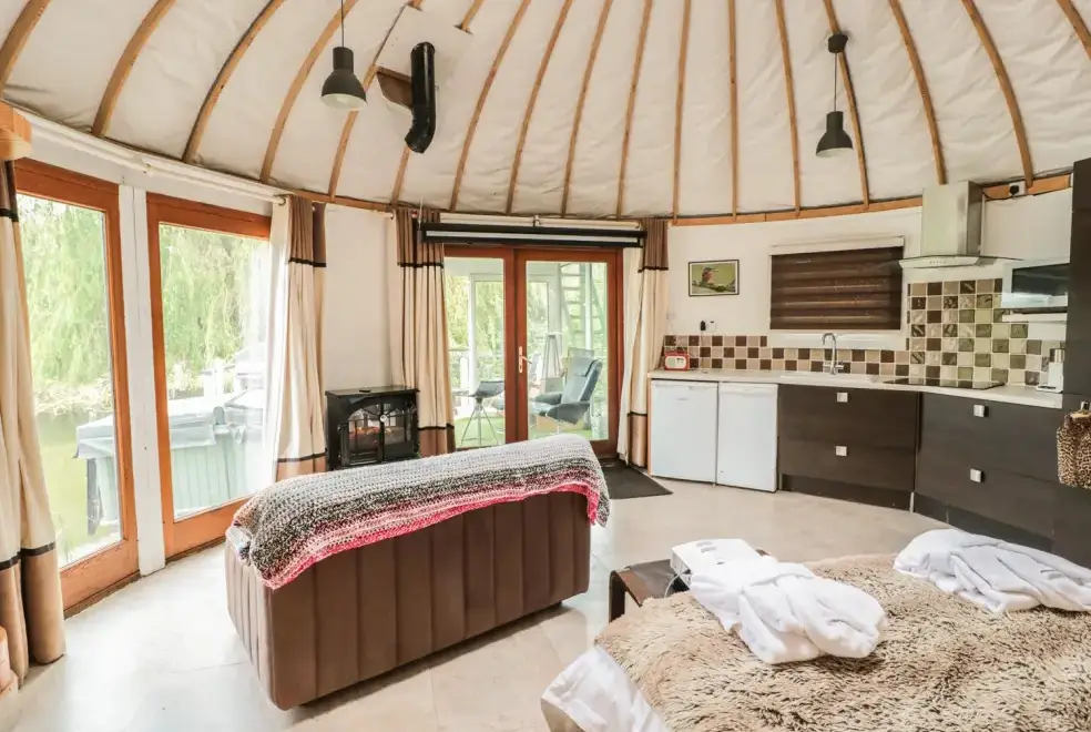 Open plan living area at Island Yurt Glamping Holiday, Cotswolds