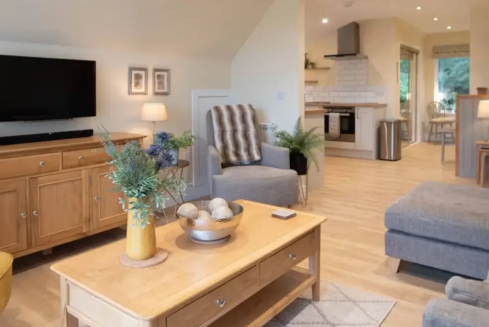 Open plan living area at Larchwood Lodge