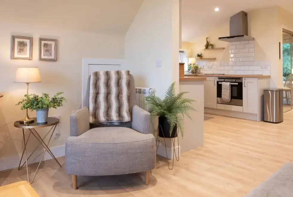 Open plan living area at Larchwood Lodge