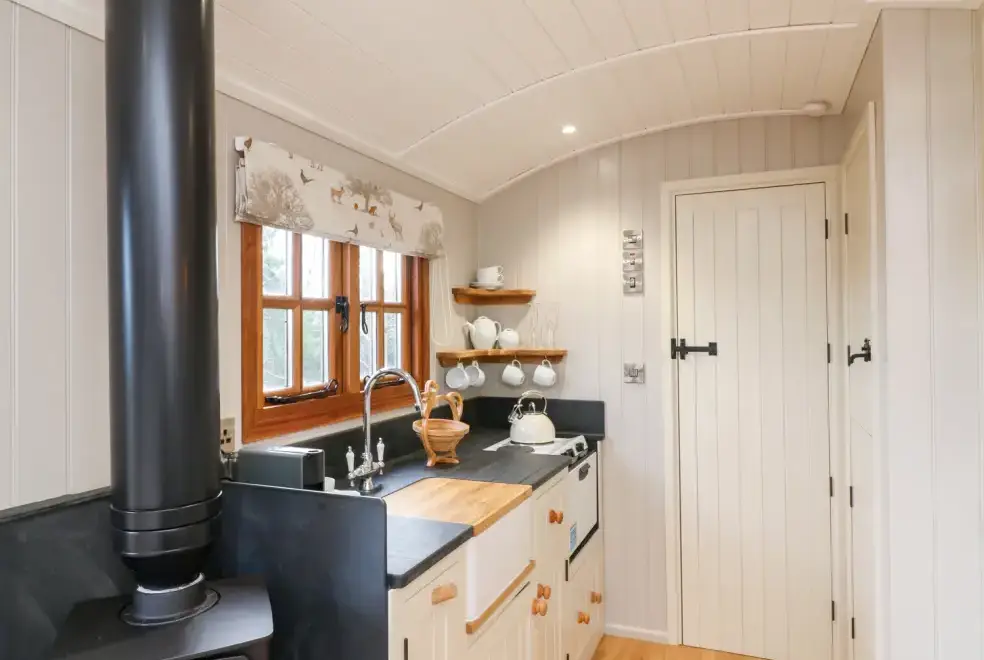 Well equipped kitchen at Little Silver Fox Shepherds Hut