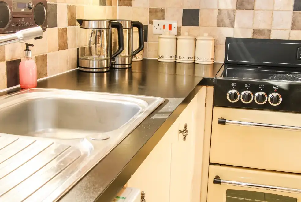 Well equipped kitchen at Milking Parlour Country Retreat, Shropshire Hills