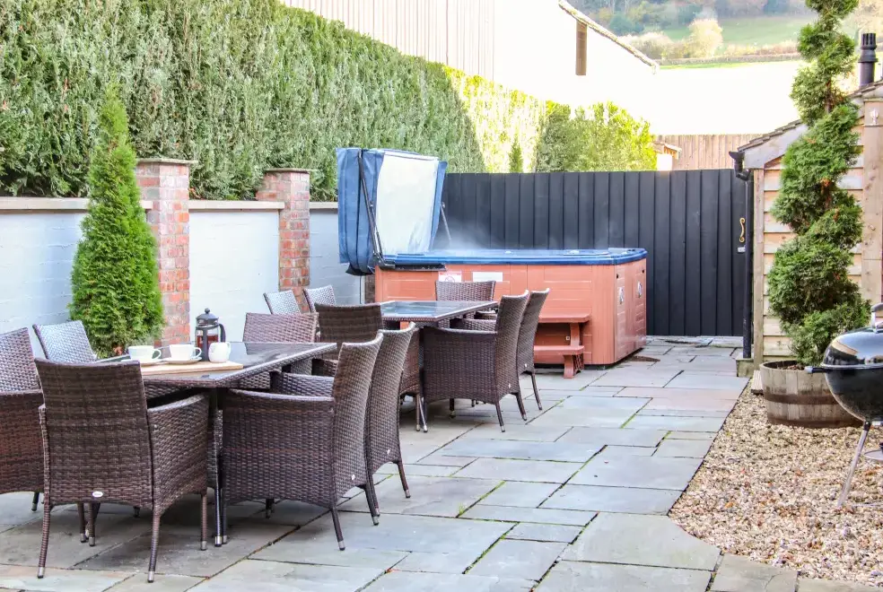Patio area at Milking Parlour Country Retreat, Shropshire Hills