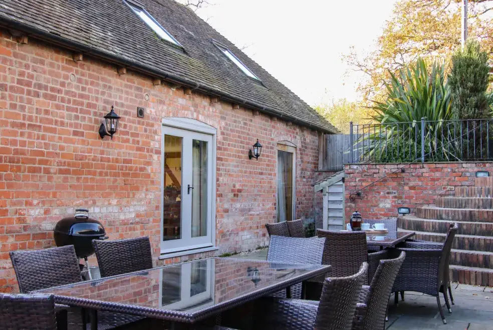 Patio area at Milking Parlour Country Retreat, Shropshire Hills