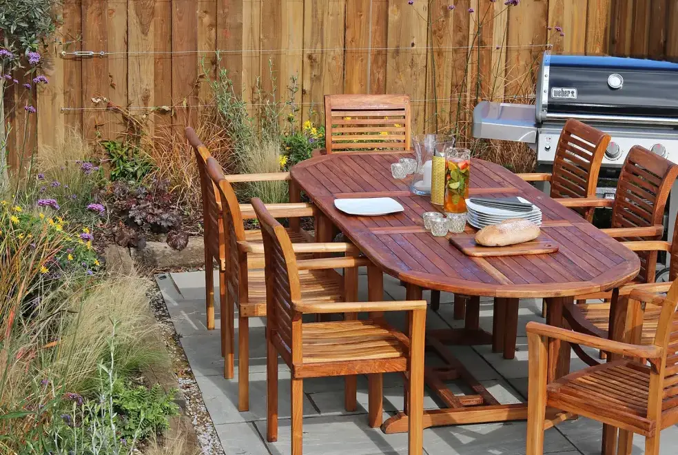 Patio area at Mill House, Boskensoe Barns
