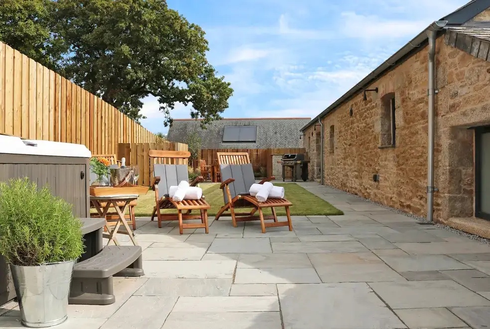 Patio area at Mill House, Boskensoe Barns