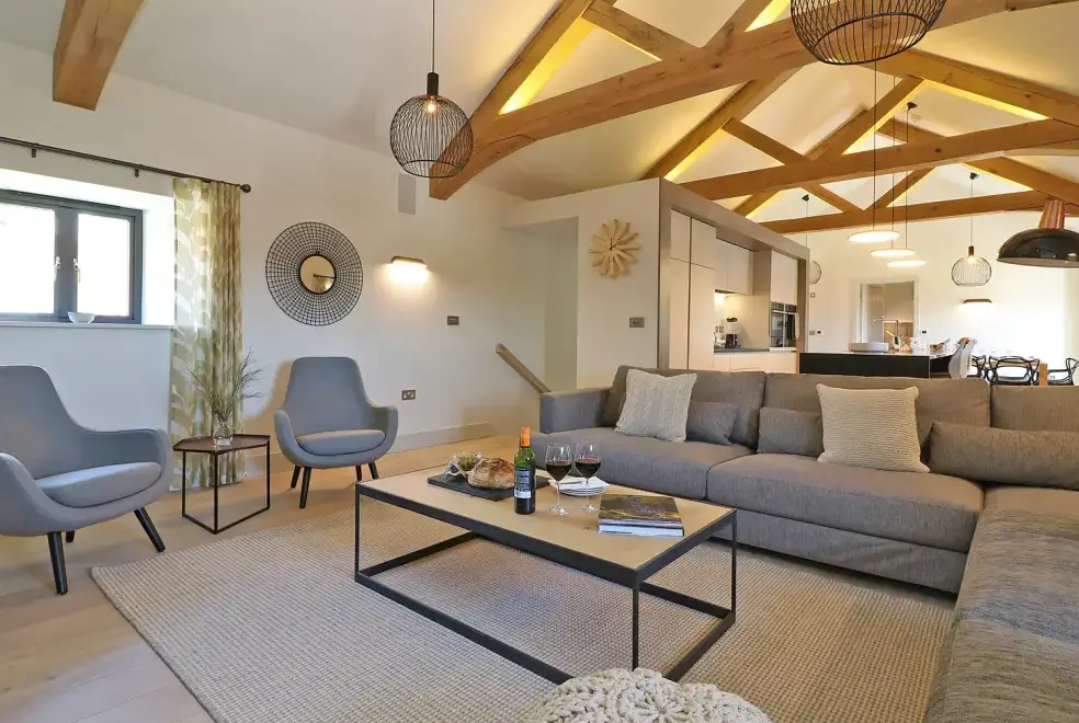 Open plan living area at Mill House, Boskensoe Barns