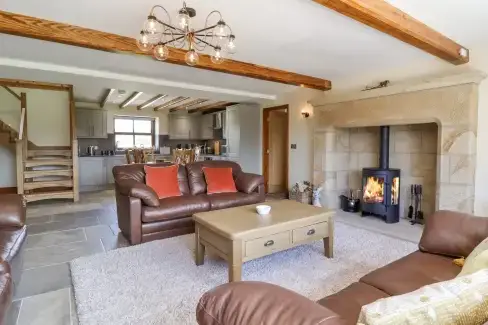 Open plan living area at Orcaber Farmhouse, Lancashire