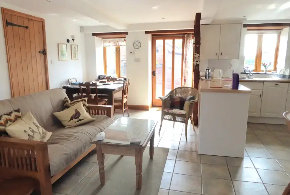 Open plan living area at Rhydd Holiday Barn