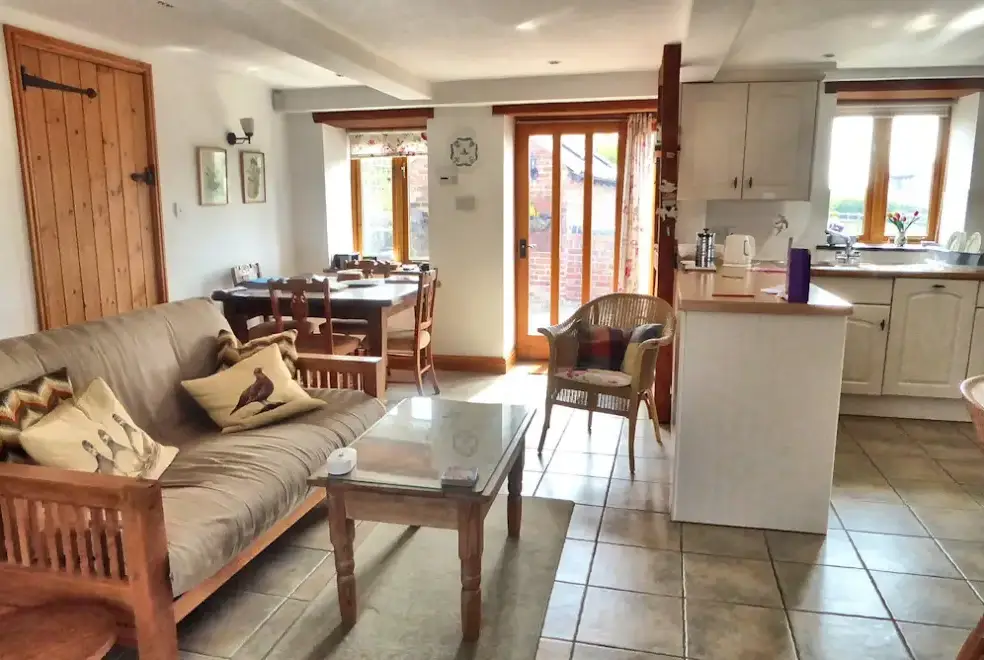 Open plan living area at Rhydd Holiday Barn