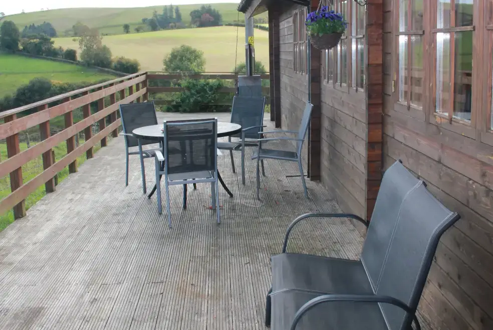 Decked area at Romantic Cabin Haf with all weather Hot Tub