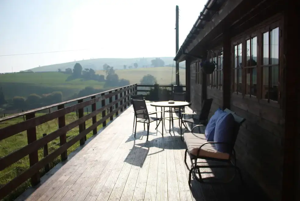 Decked area at Romantic Cabin Haf with all weather Hot Tub