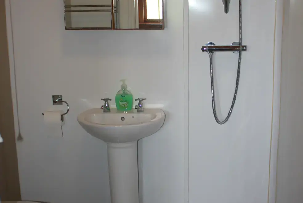 Shower room at Romantic Cabin Haf with all weather Hot Tub