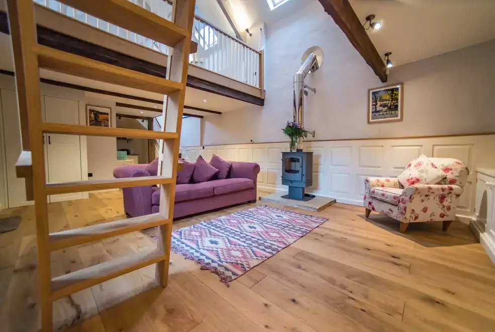 Open plan living area at Romantic Couple's Retreat in the Brendon Hills