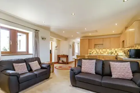 Open plan living area at Routster Farm Cottage, Yorkshire Dales, North Yorkshire