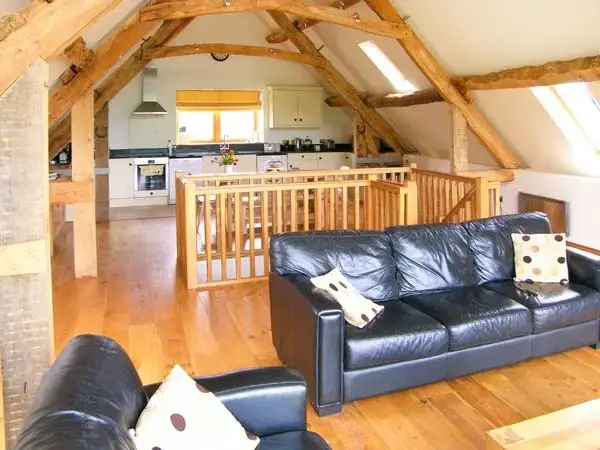 Open plan living area at Shepherd's Hut Barn, rural Dorset