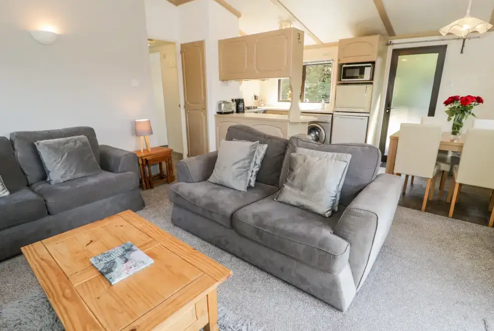 Open plan living area at Springtime Log Cabin