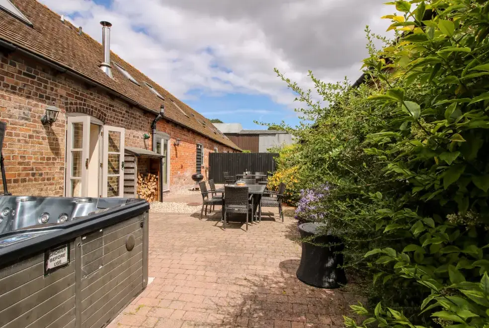 Patio area at Trooper's Holiday Barn, Shropshire Hills AONB