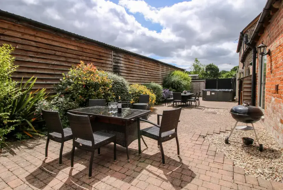 Patio area at Trooper's Holiday Barn, Shropshire Hills AONB