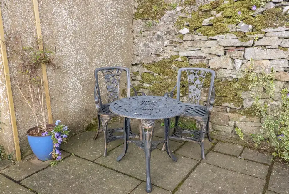 Patio area at Watershed Pet-Friendly Cottage, Yorkshire Dales National Park, 