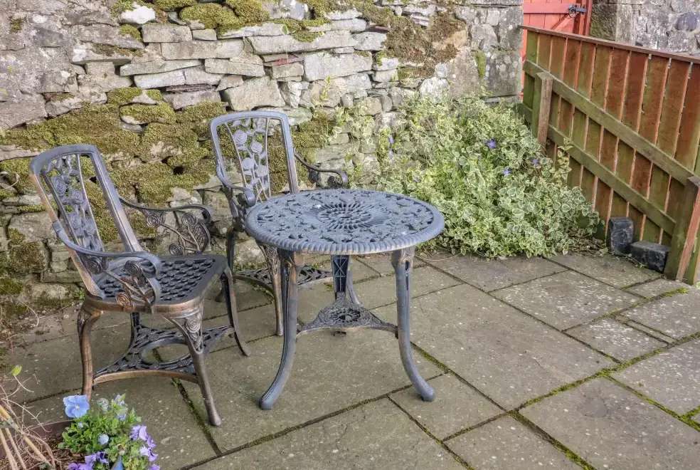 Patio area at Watershed Pet-Friendly Cottage, Yorkshire Dales National Park, 